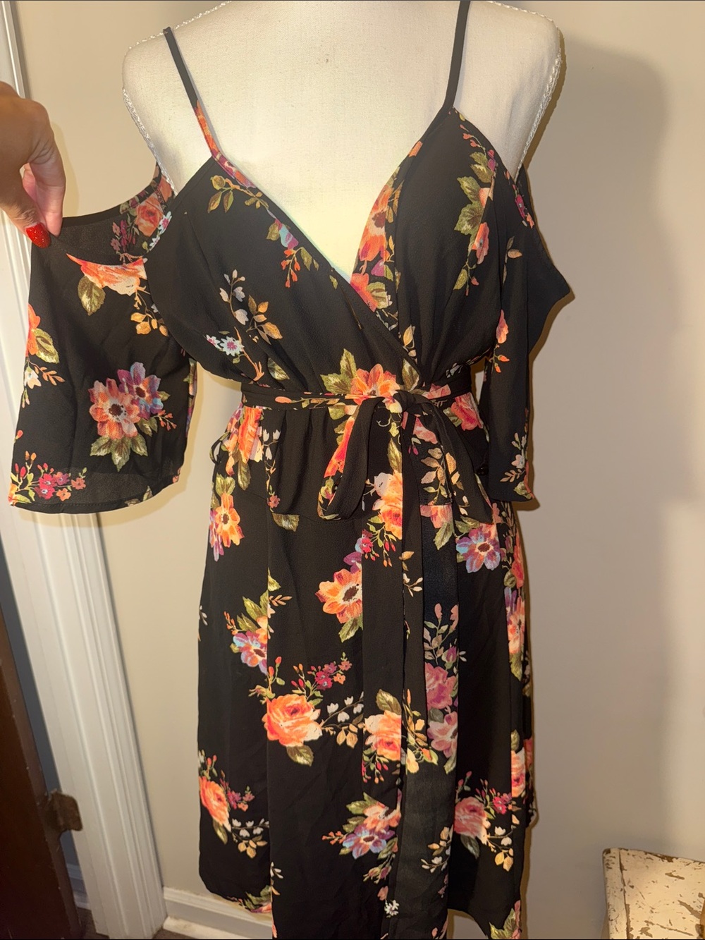 One-Shoulder Floral Wrap Dress in Black with Multicolor Blooms